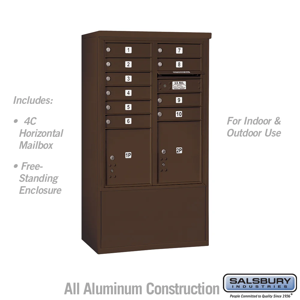 10 Door High Free-Standing 4C Horizontal Mailbox with Parcel Lockers in Bronze