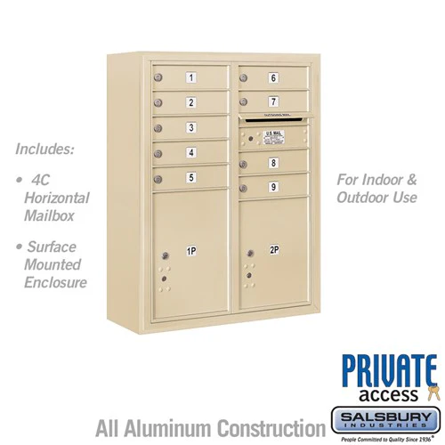 10 Door High Surface Mounted 4C Horizontal Mailbox with 9 Doors and 2 Parcel Lockers in Sandstone