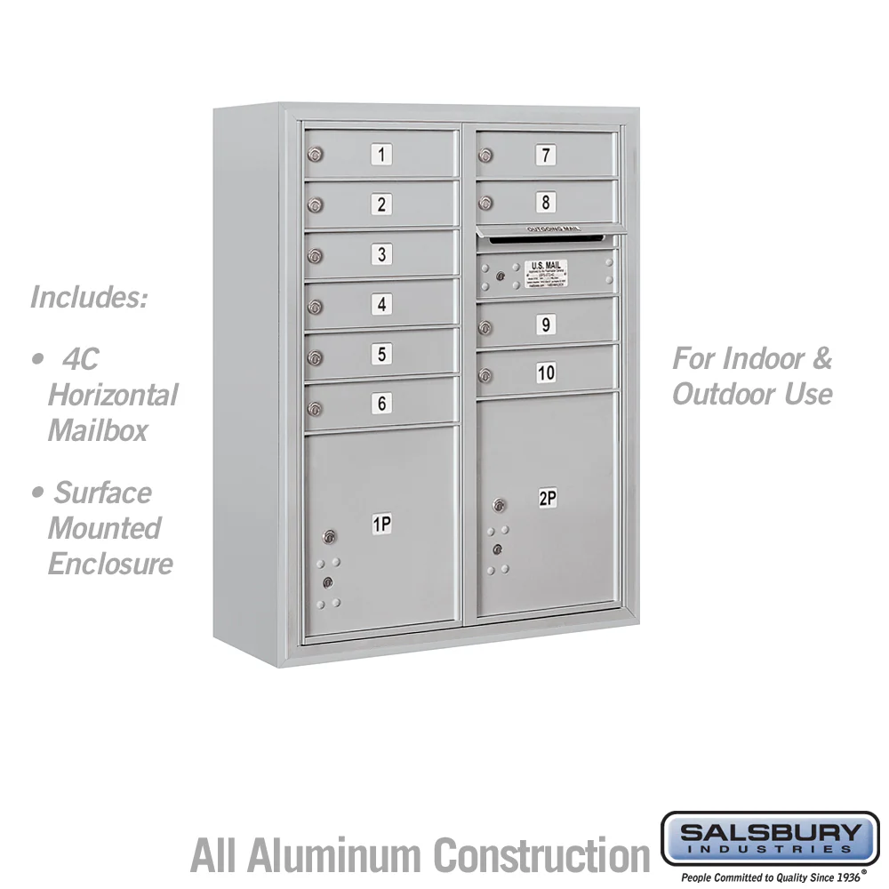 10 Door High Surface Mounted 4C Horizontal Mailbox with Parcel Lockers and USPS Access