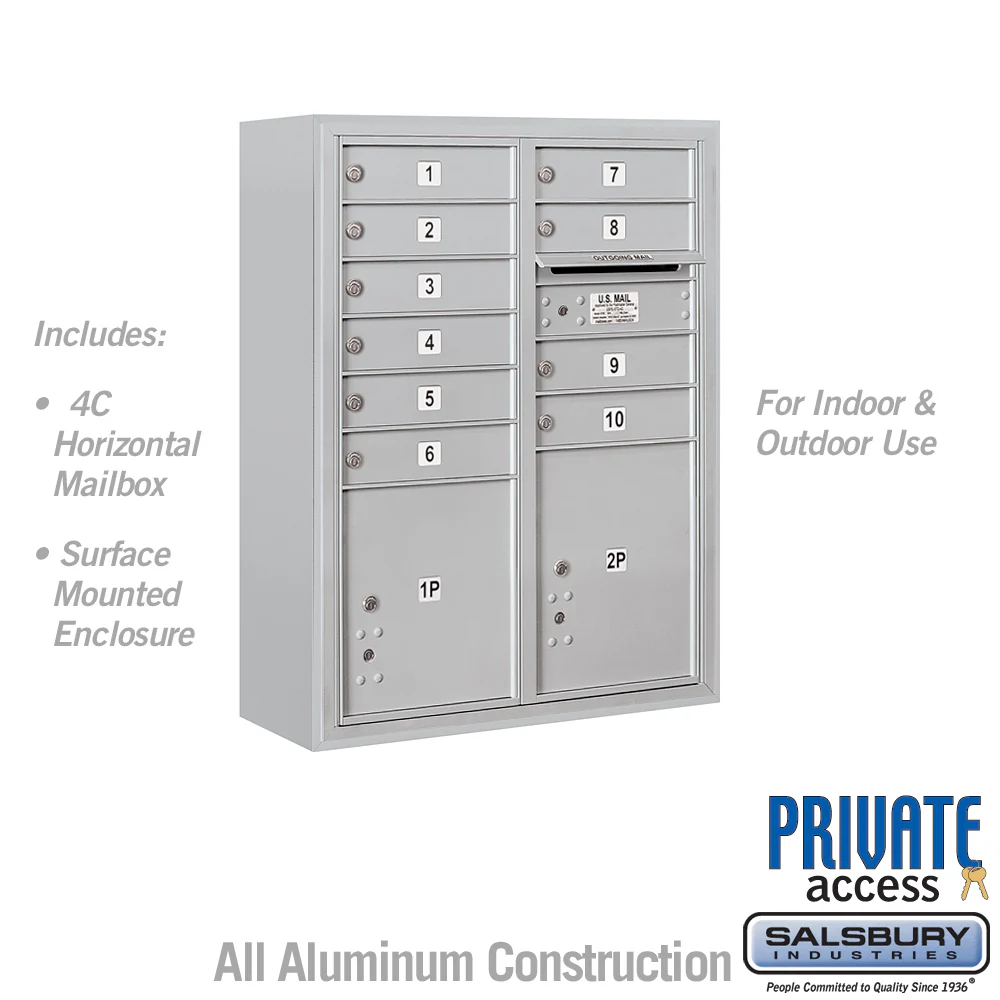 10 Door High Surface Mounted 4C Horizontal Mailbox with Parcel Lockers in Aluminum