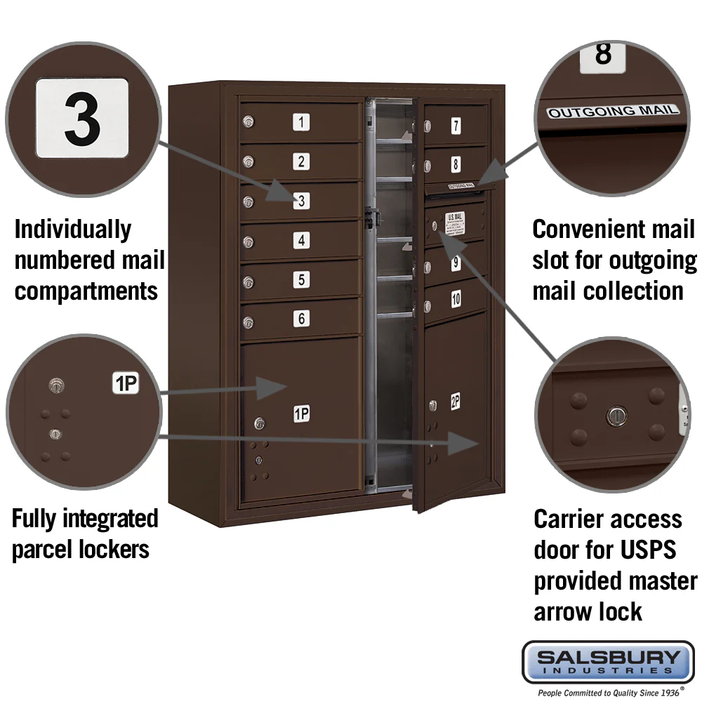 10-Door High Surface Mounted 4C Horizontal Mailbox with Parcel Lockers in Bronze - Image 2