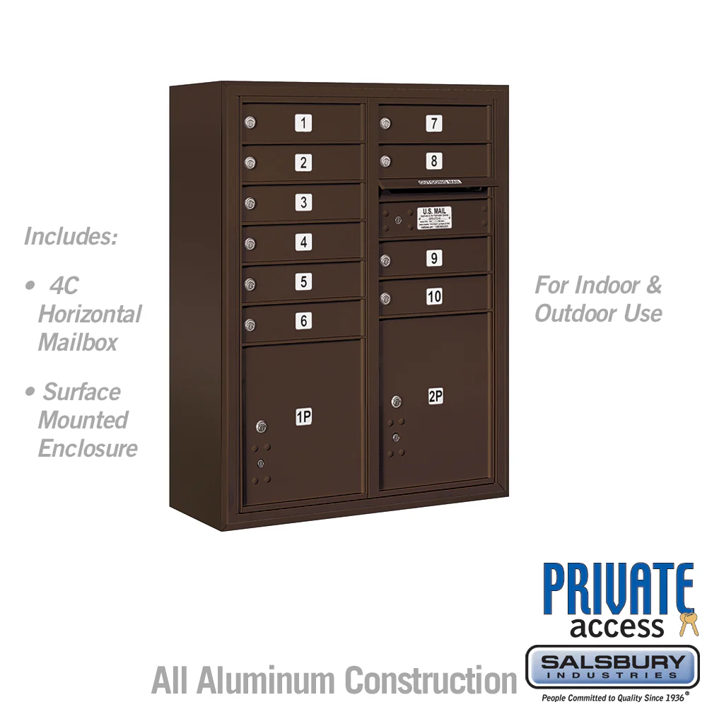 10 Door High Surface Mounted 4C Horizontal Mailbox with Parcel Lockers in Bronze