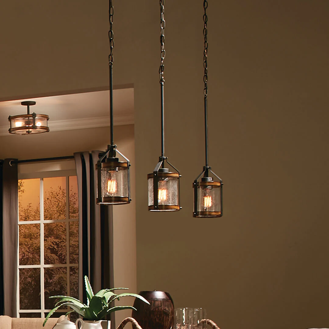 Kichler Barrington Distressed Black & Wood Rustic Seeded Glass Cylinder Mini Pendant Light, 10" H x 5.5" Dia - Image 6