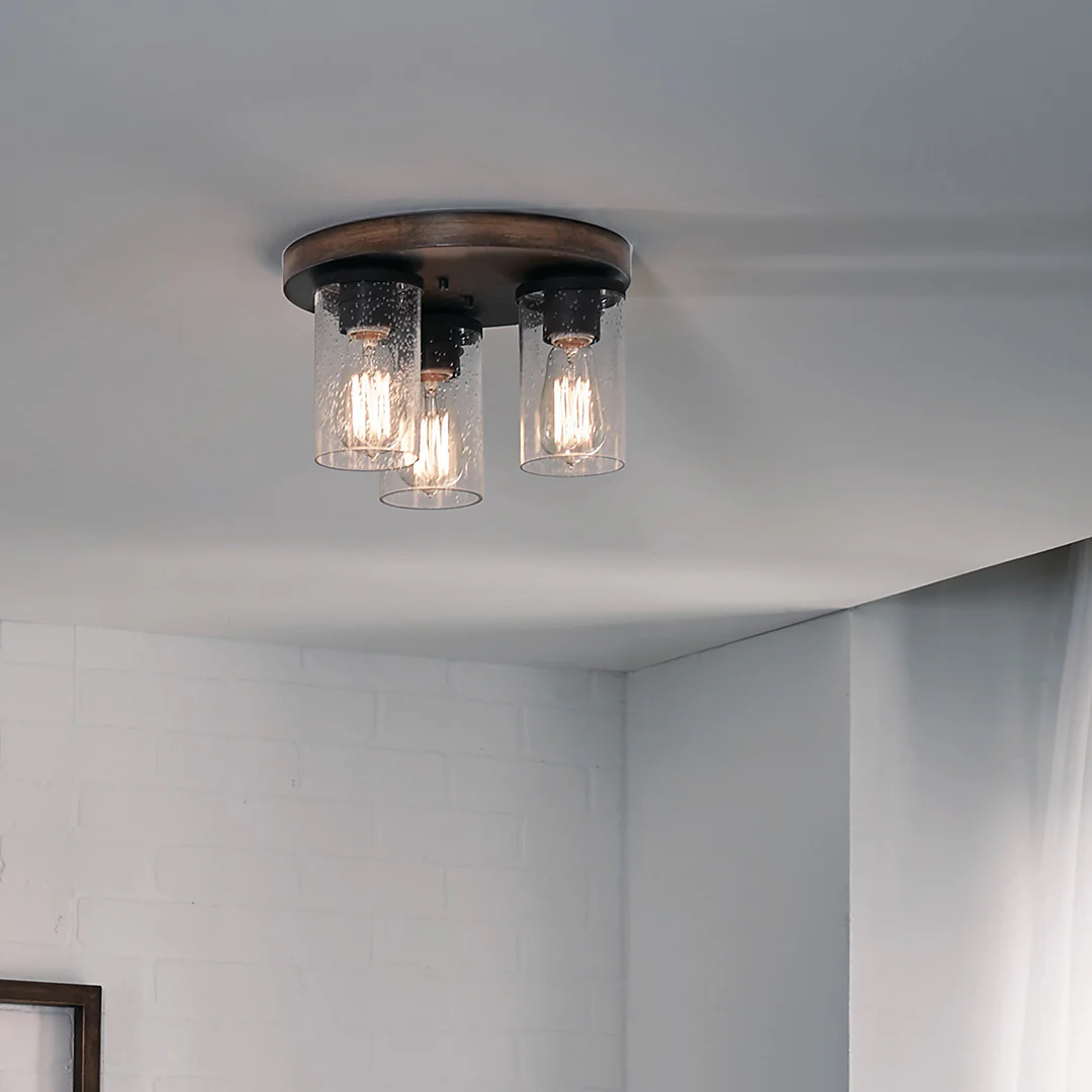 Kichler Barrington 11.5-in Distressed Black and Wood Tone Rustic Incandescent Flush Mount Light - Image 8