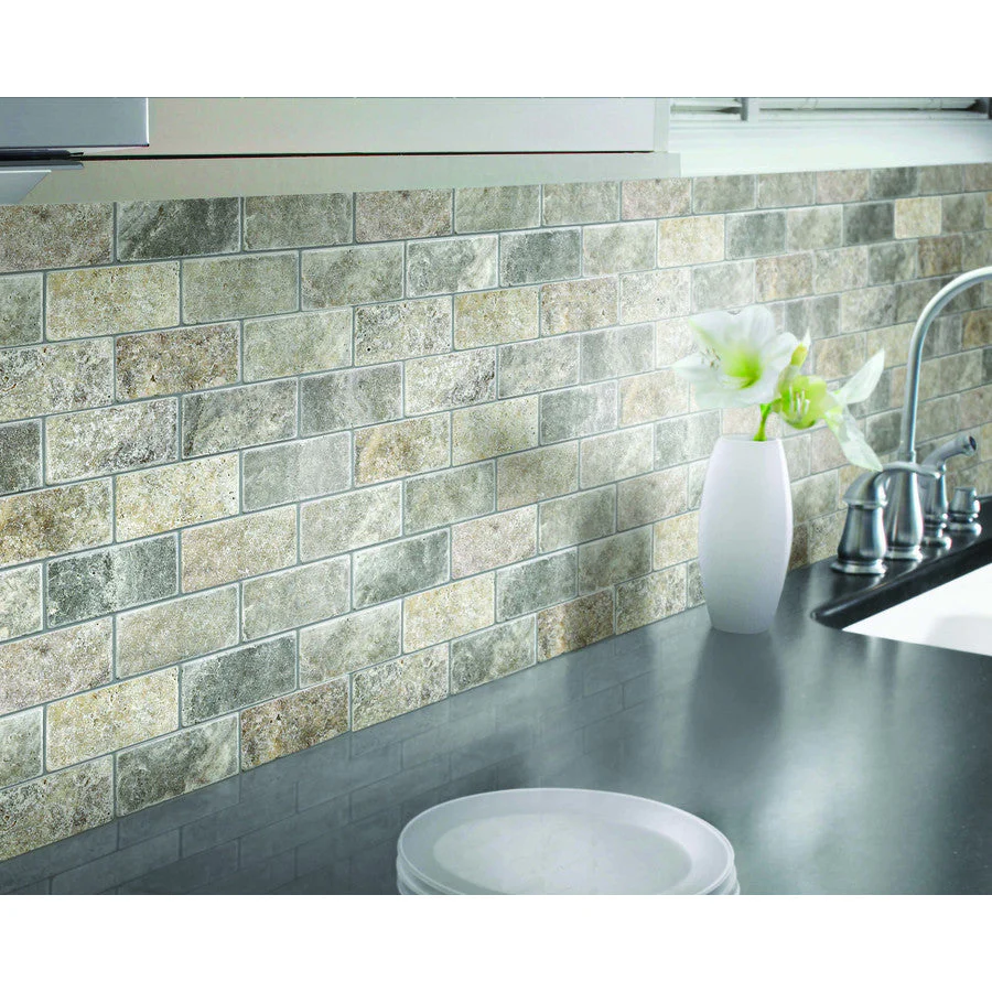 Satori Silver Crescent 12-in x 12-in Tumbled Natural Stone Travertine Brick Subway Wall Tile