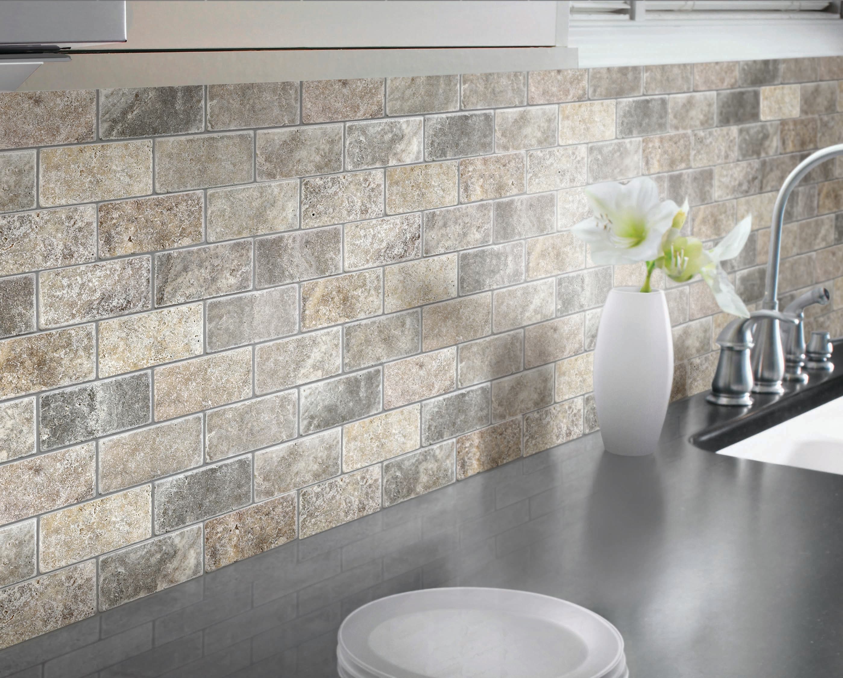 Satori Silver Crescent 12-in x 12-in Tumbled Natural Stone Travertine Brick Subway Wall Tile - Image 9