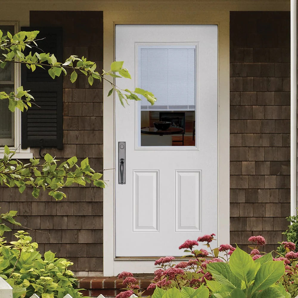 Masonite 32-in x 80-in Steel Half Lite Right-Hand Inswing Primed Prehung Front Door with Brickmould and Blinds - Image 2