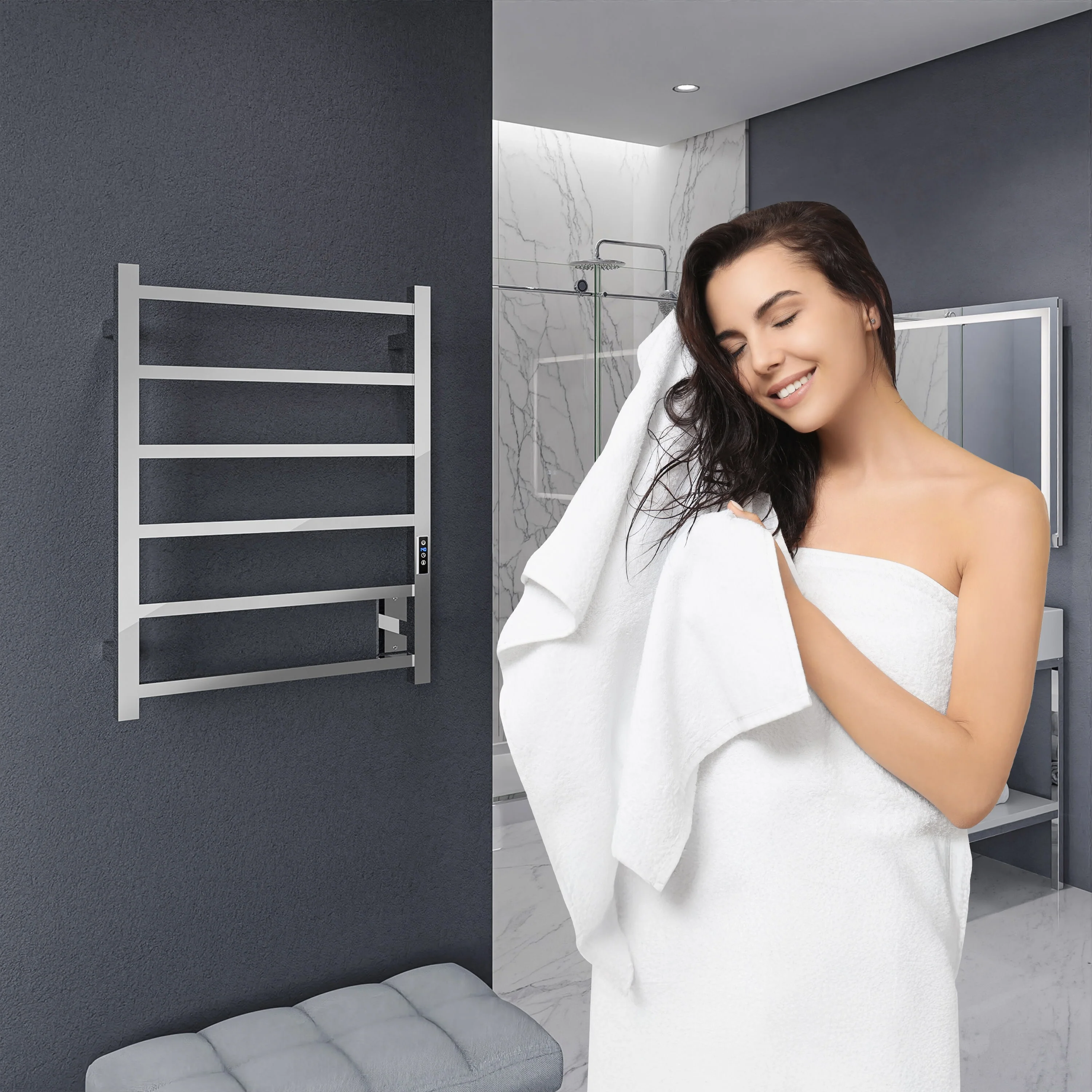ANZZI Polished Chrome Plug-In Wall-Mount Towel Warmer, 20.47 x 4.33 x 26.77 in - Image 10