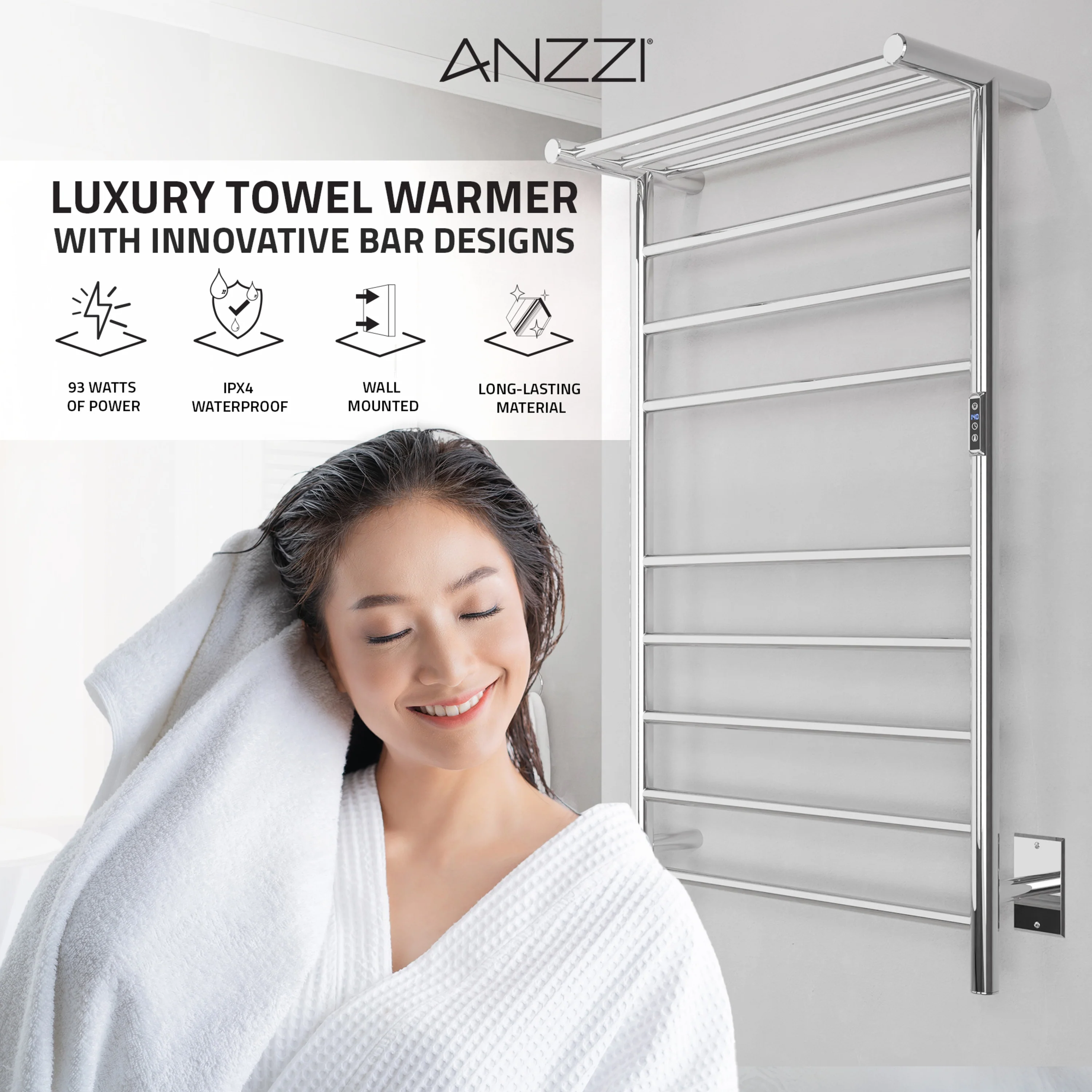 ANZZI Polished Chrome Plug-In Wall-Mount Towel Warmer, 23.62 in W x 39.09 in L x 9.53 in H - Image 15