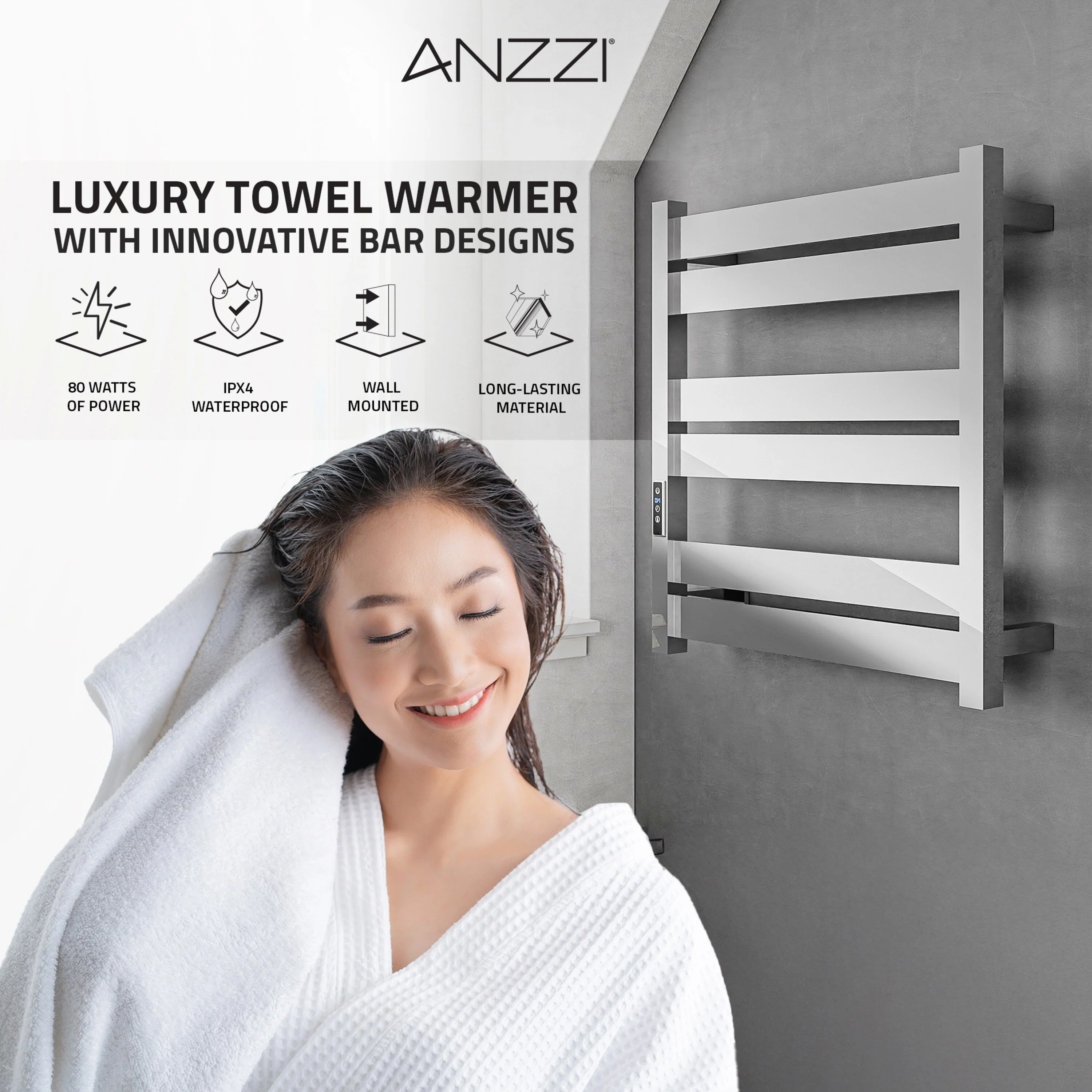 ANZZI Polished Chrome Plug-In Wall Mount Towel Warmer, 4.13 in W x 20.47 in L x 20.87 in H - Image 16
