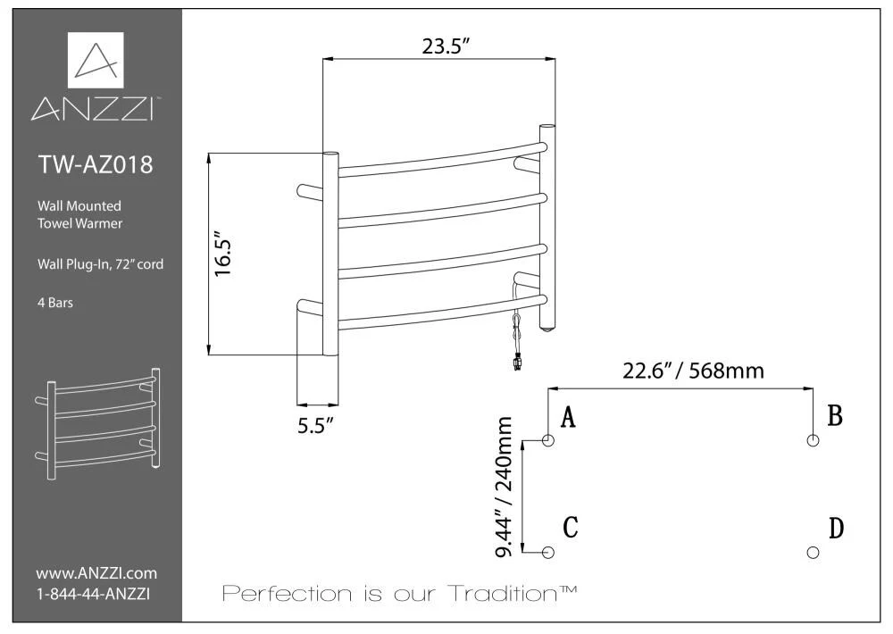 ANZZI Brushed Nickel Plug-In Wall-Mount Towel Warmer, 4-Bar, 16.5 in H x 23.5 in W x 5.5 in D - Image 4