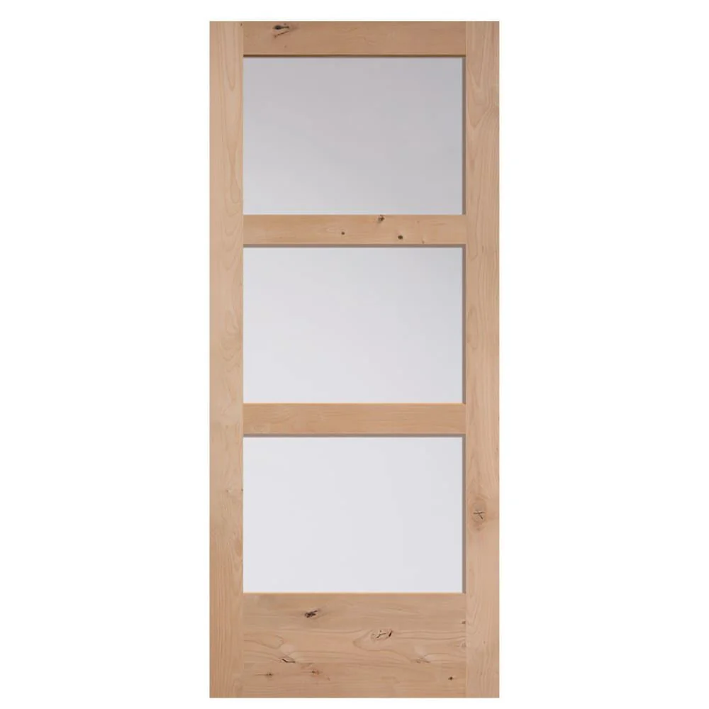 Masonite Traditional 36-in x 84-in Natural Unfinished Knotty Alder Wood Single Barn Door with Clear Glass (Slab Only)
