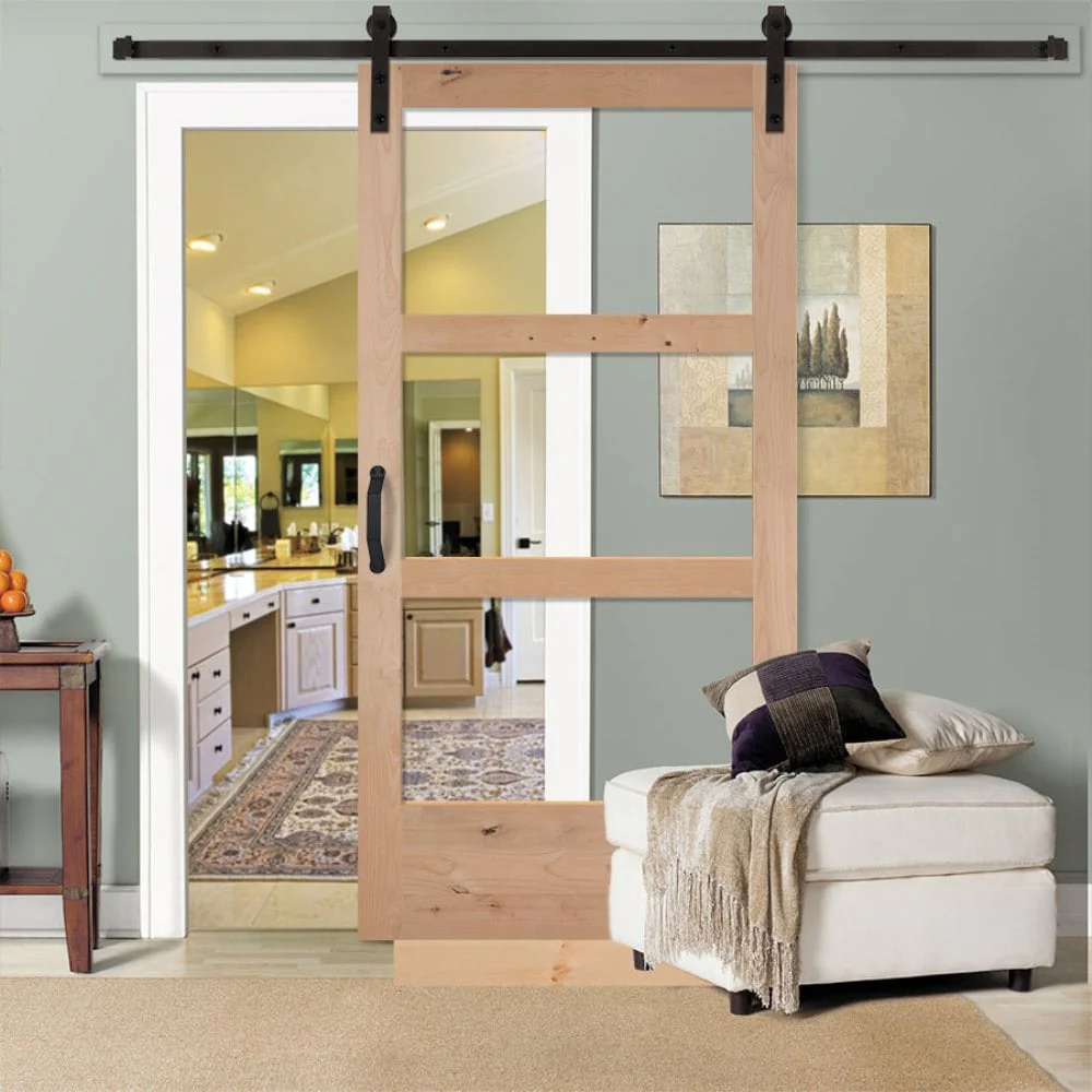 Masonite Traditional 42-in x 84-in Natural Unfinished Knotty Alder Wood 3-Lite Clear Glass Single Barn Door (Slab Only) - Image 2