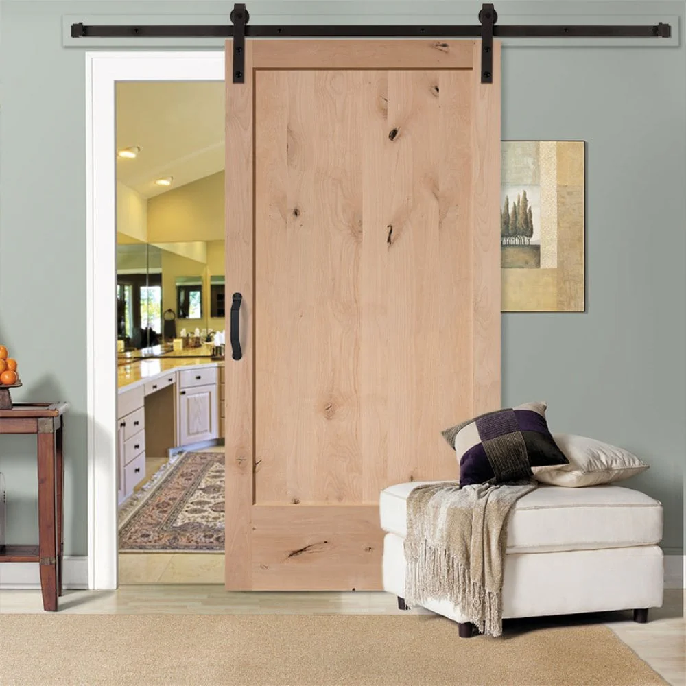 Masonite Traditional 36-in x 84-in Natural 1-Panel Unfinished Knotty Alder Wood Single Barn Door - Image 2