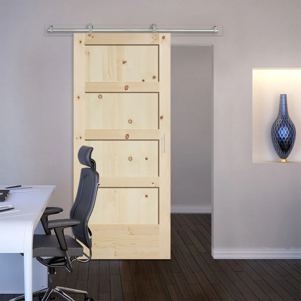 Masonite Traditional 42-in x 84-in Natural 4-Panel Unfinished Knotty Pine Wood Single Barn Door - Image 2