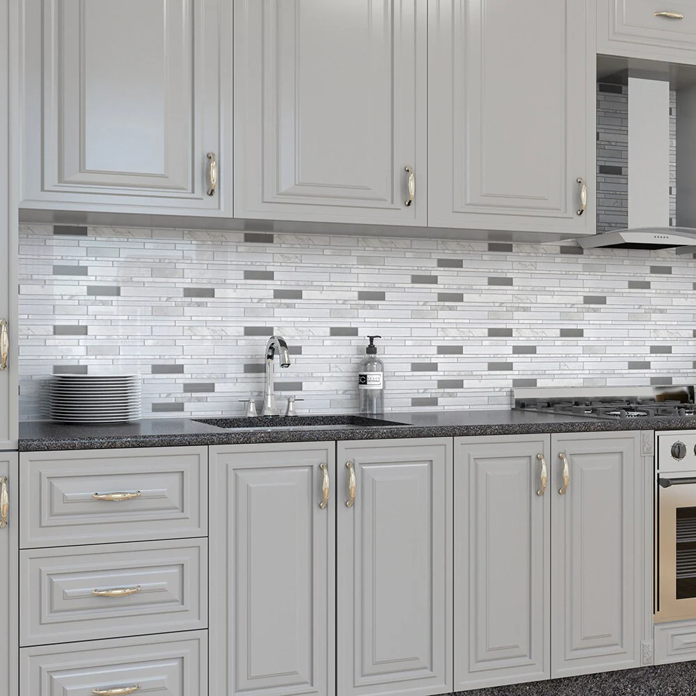 Elida Ceramica White 12-in x 12-in Mirrored Glass/Stone Linear Mosaic Wall Tile - Image 10