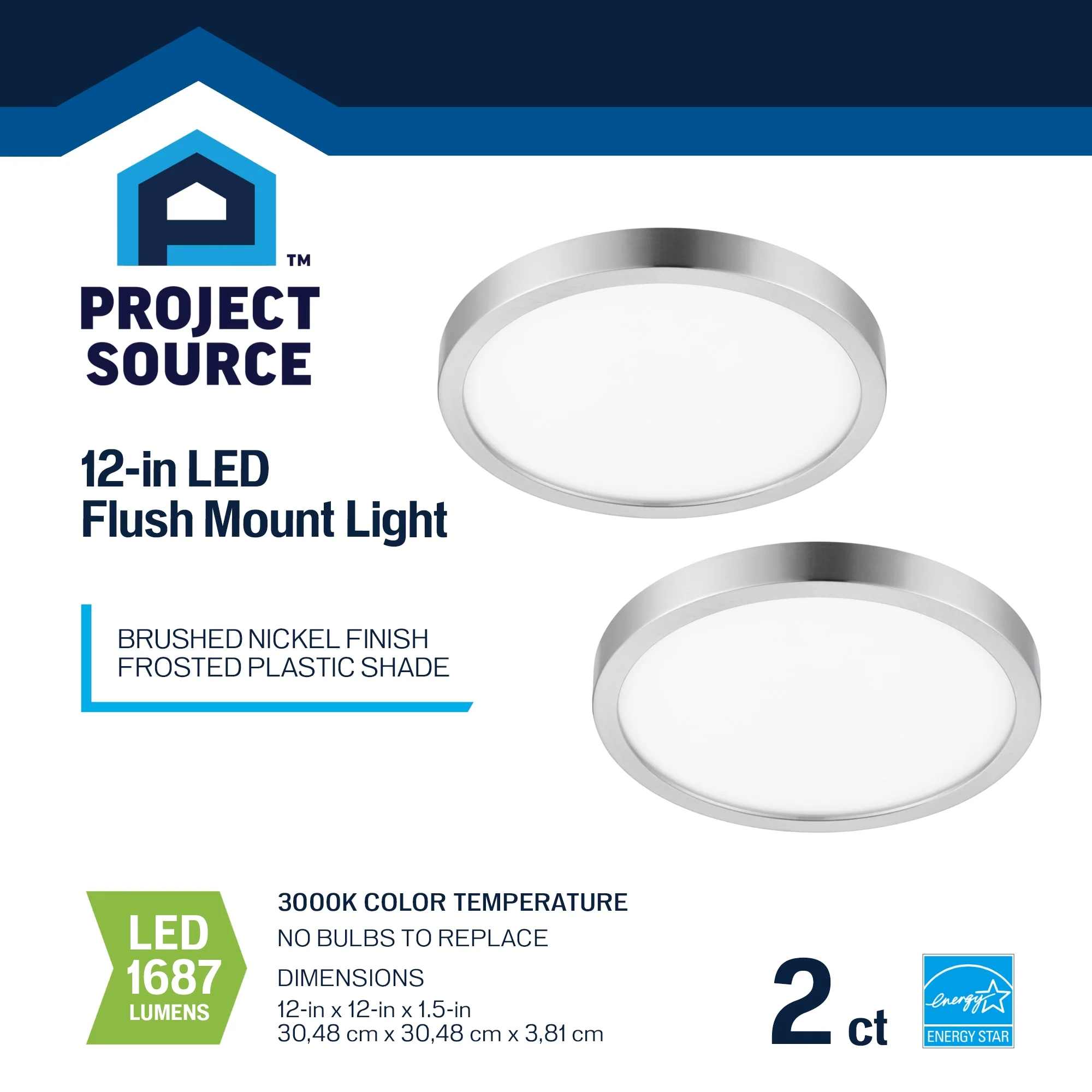 Project Source 2-Pack 12-in Brushed Nickel Transitional Integrated LED Flush Mount Light, 3000K, Dimmable - Image 6