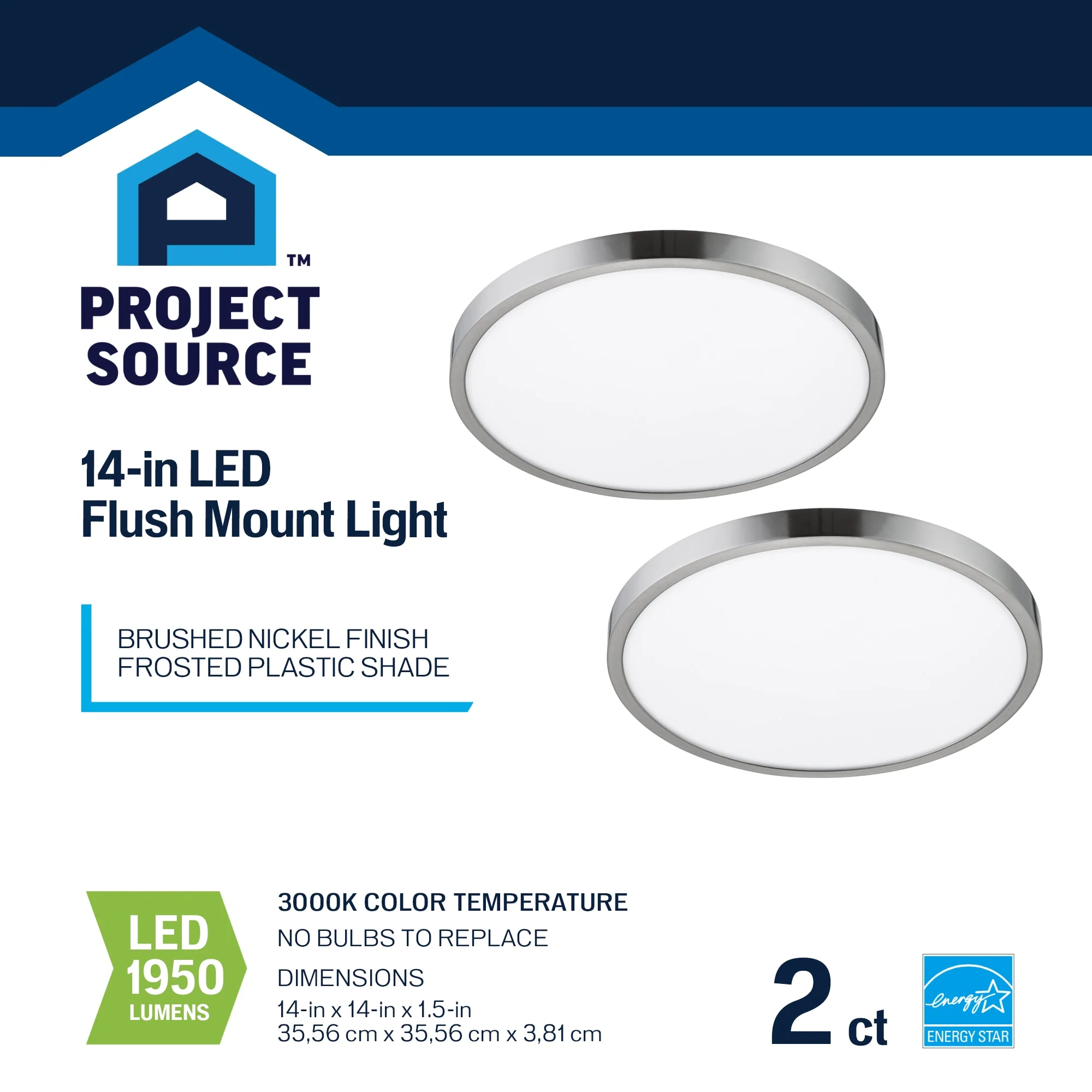 Project Source 2-Pack 14-in Brushed Nickel Transitional Integrated LED Flush Mount Light, 3000K, 1950 Lumens, Dimmable - Image 7