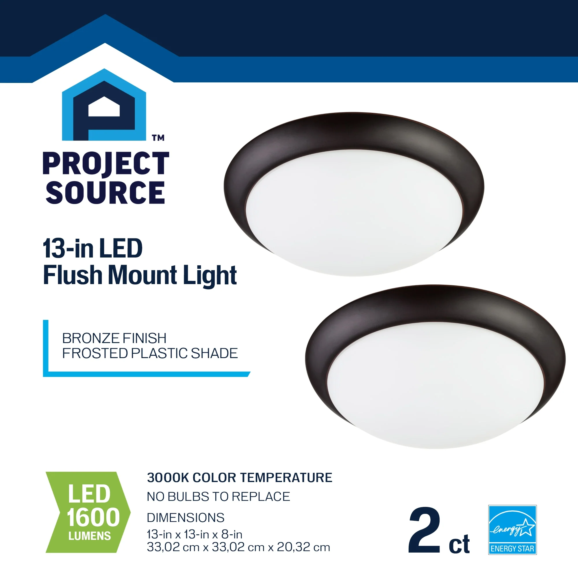Project Source 2-Pack 13-in Bronze Integrated LED Flush Mount Ceiling Light, 1600 Lumens, 3000K, Dimmable - Image 7
