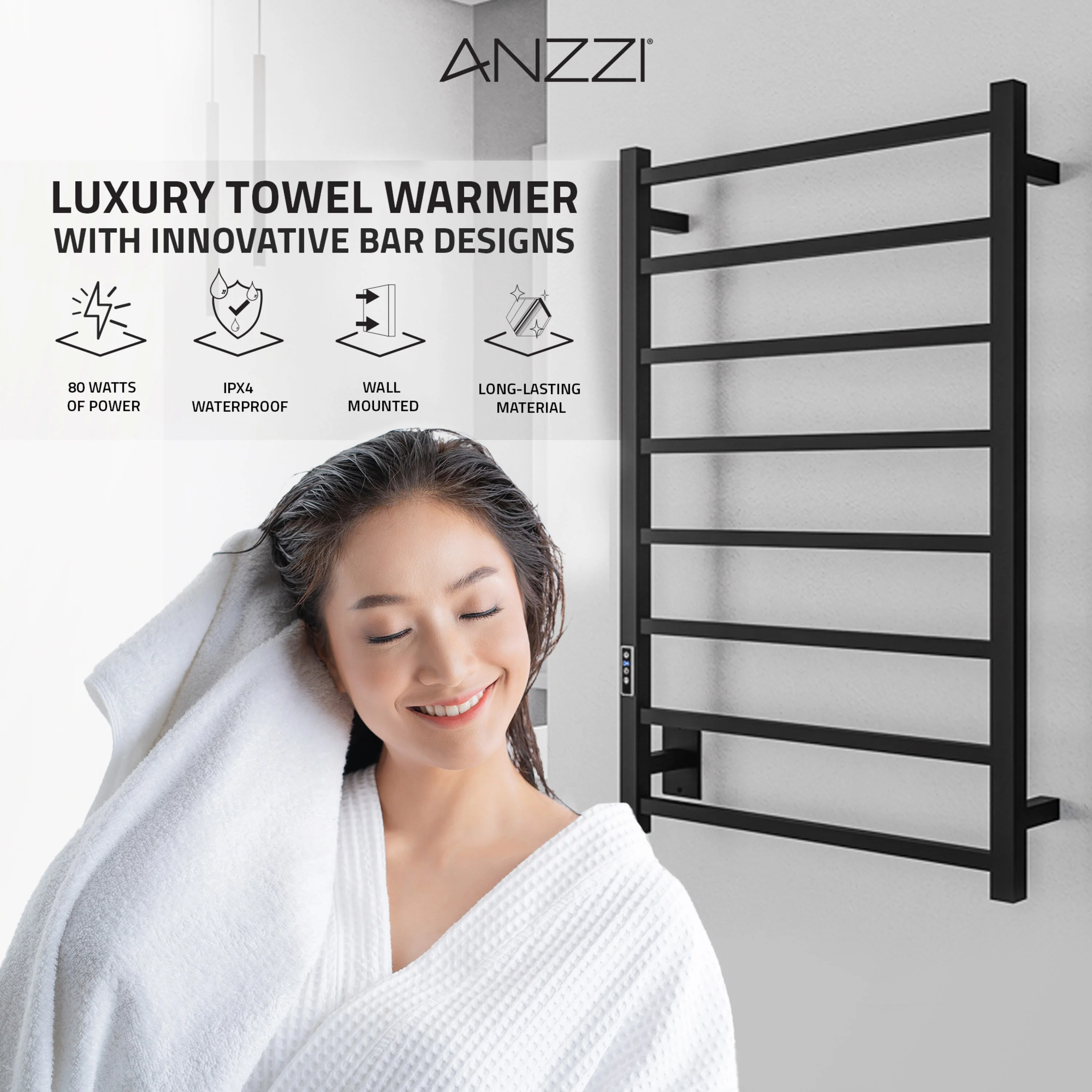 ANZZI Bell 8-Bar Matte Black Plug-In Wall Mounted Towel Warmer, 23.6 in W x 36.25 in H - Image 9