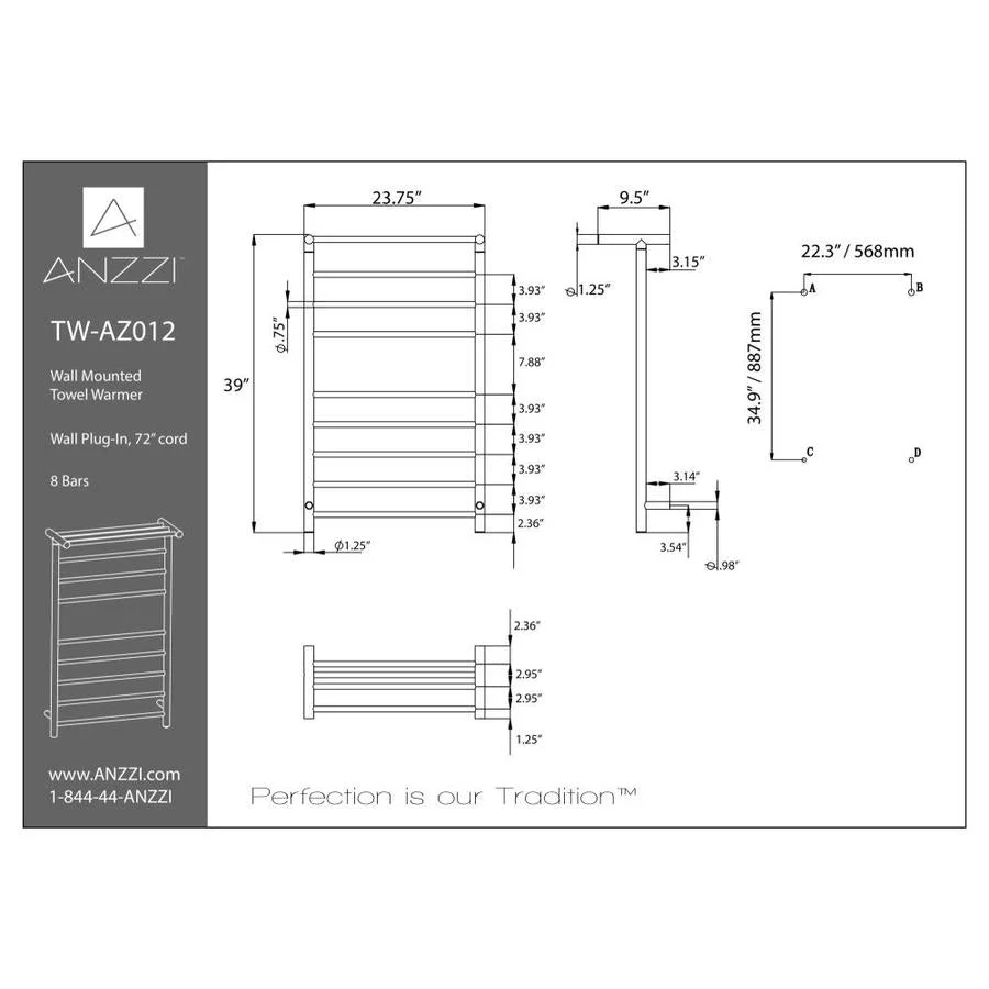 ANZZI Eve 8-Bar Matte Black Plug-In Wall Mounted Electric Towel Warmer with Top Shelf, 23.62 x 9.53 x 39.09 in