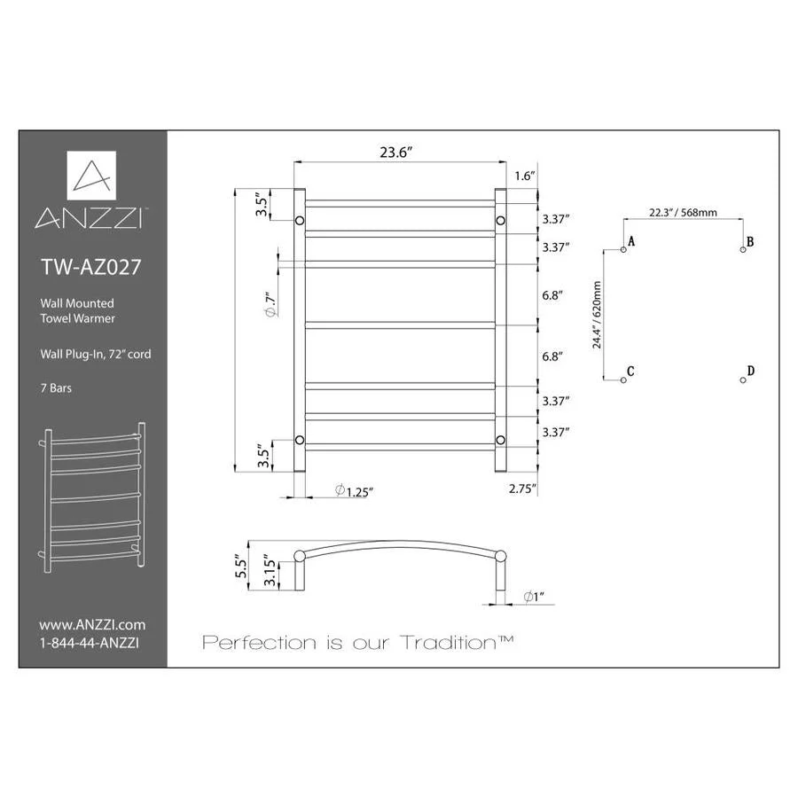 ANZZI Gown 7-Bar Matte Black Plug-In Wall-Mount Towel Warmer, 23.6 in W x 31.5 in H