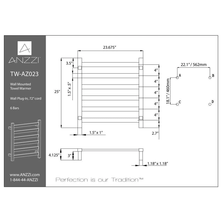 ANZZI Note 6-Bar Matte Black Plug-In Wall Mounted Towel Warmer, 23.675 in W x 4.125 in D x 25.2 in H