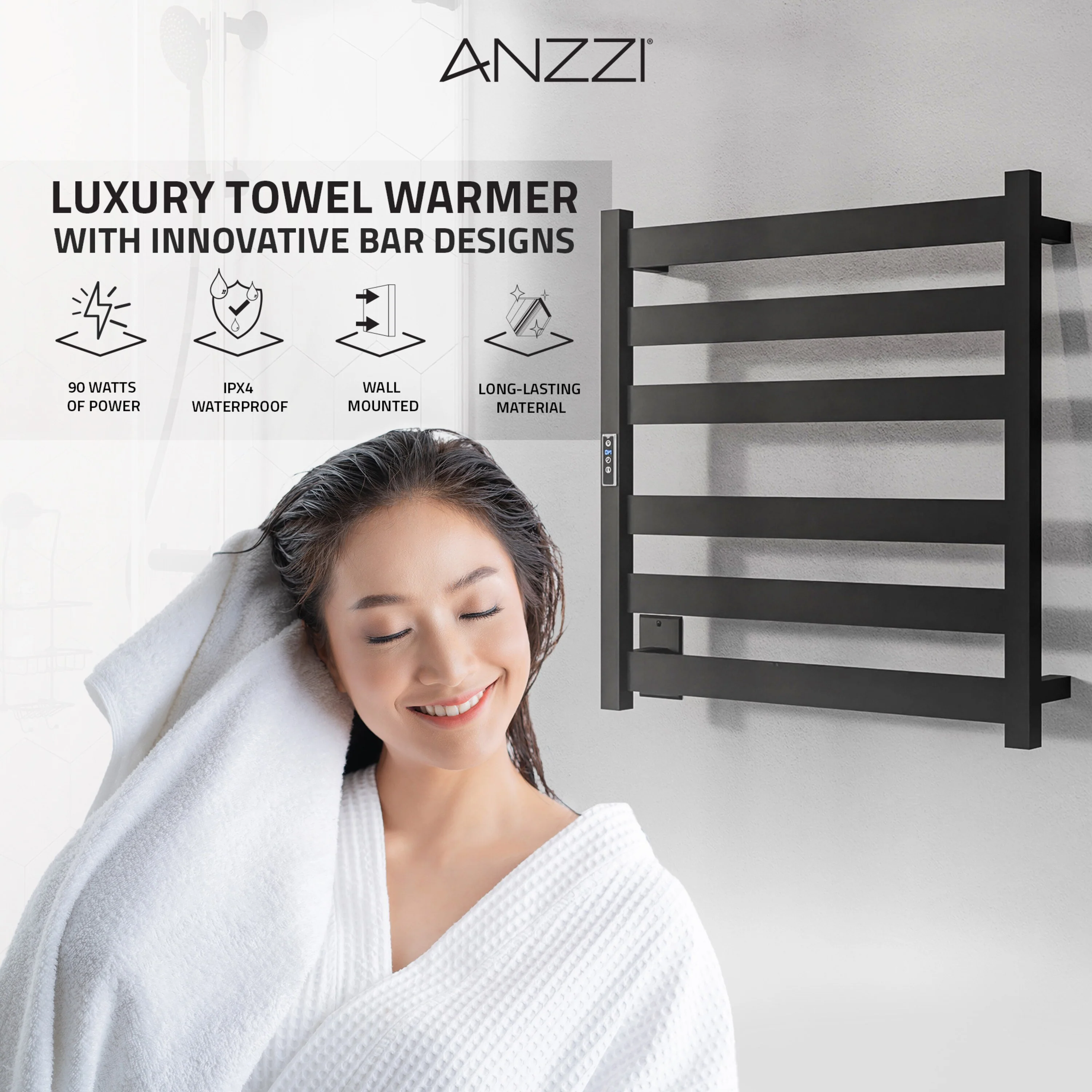 ANZZI Note 6-Bar Matte Black Plug-In Wall Mounted Towel Warmer, 23.675 in W x 4.125 in D x 25.2 in H - Image 9