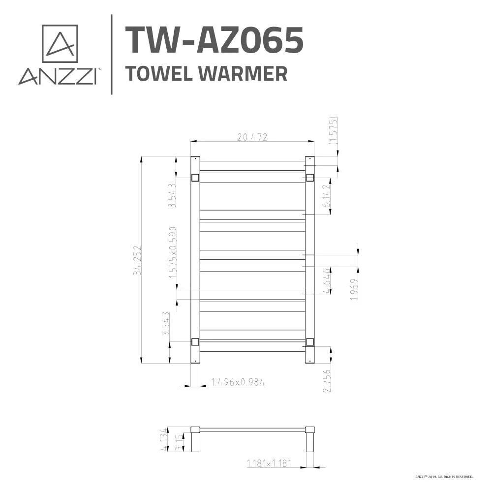 ANZZI Polished Chrome Plug-In Wall-Mount Towel Warmer, 20.47 x 4.134 x 34.25 in - Image 4