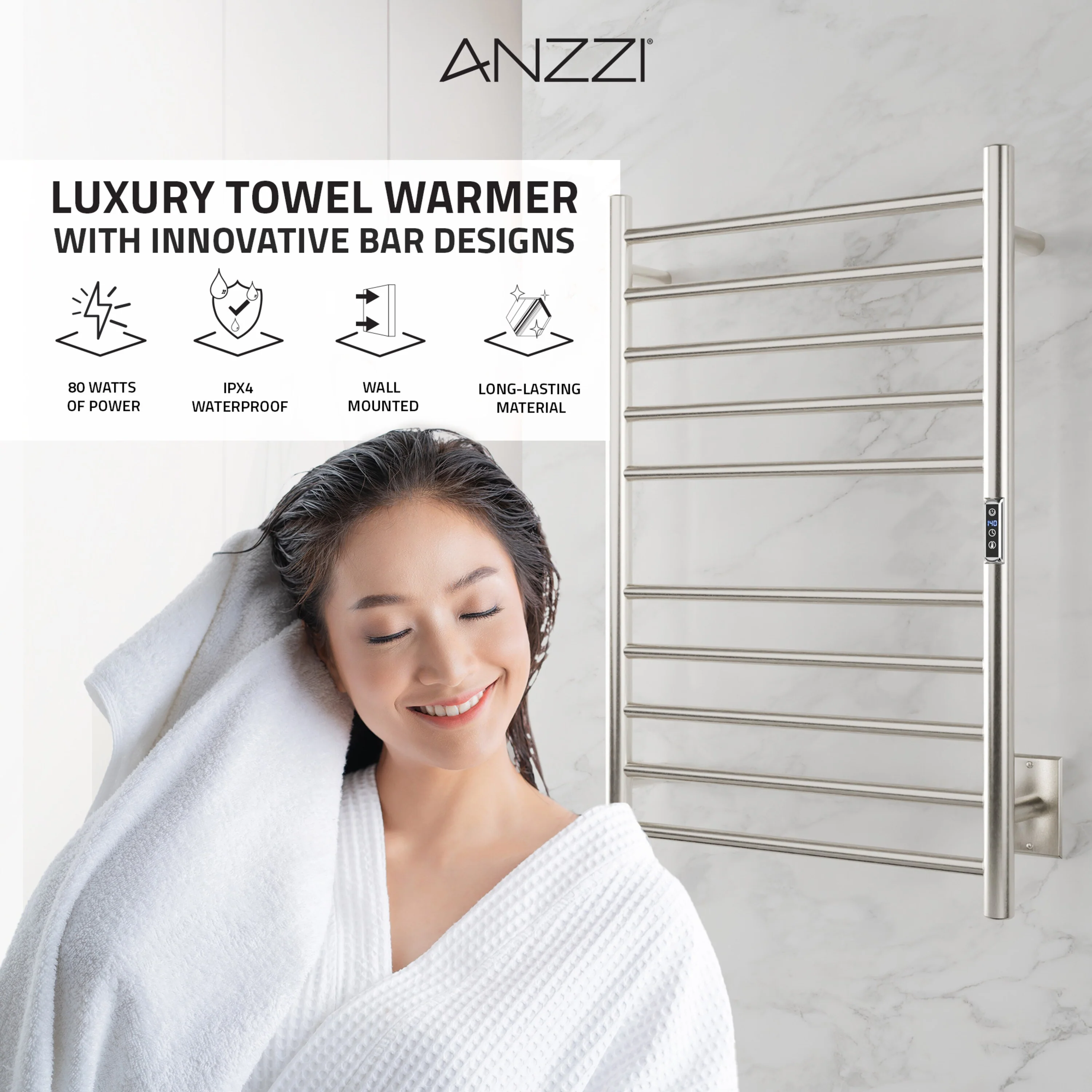 ANZZI Brushed Nickel Plug-In Wall Mount Towel Warmer, 20.08 W x 31.5 H x 4.41 D - Image 10