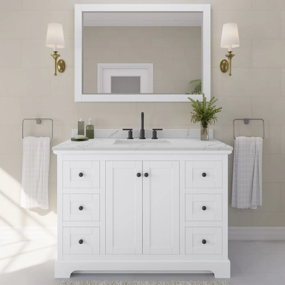 Wyndham Collection Avery 48-in White Single Sink Bathroom Vanity with White Carrara Marble Top, Mirror Included - Image 7