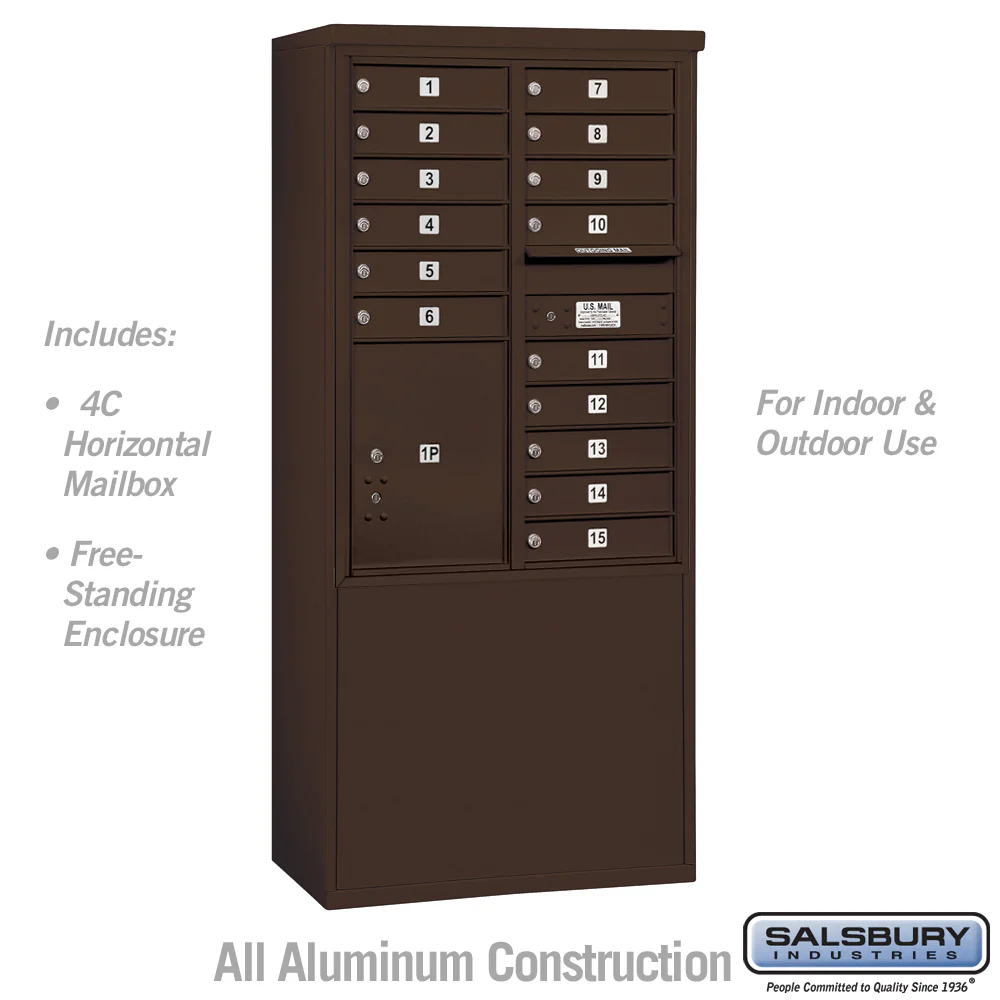 11 Door High Free-Standing 4C Horizontal Mailbox with 15 Compartments and Parcel Locker in Bronze
