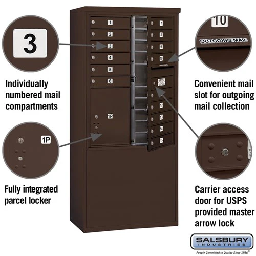 11 Door High Free-Standing 4C Horizontal Mailbox with 15 Compartments and Parcel Locker in Bronze - Image 2