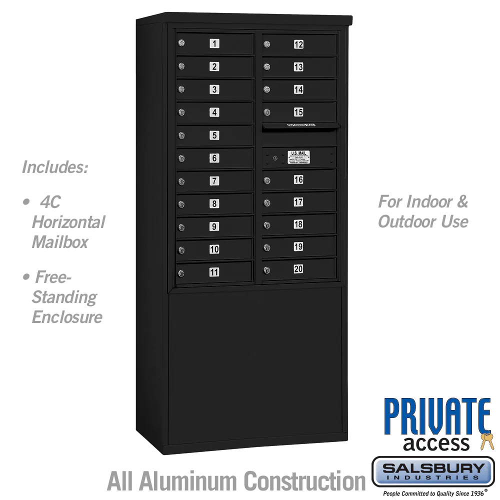 11 Door High Free-Standing 4C Horizontal Mailbox with 20 Doors in Black with Private Access