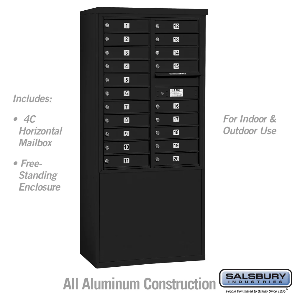 11 Door High Free-Standing 4C Horizontal Mailbox with 20 Doors in Black with USPS Access