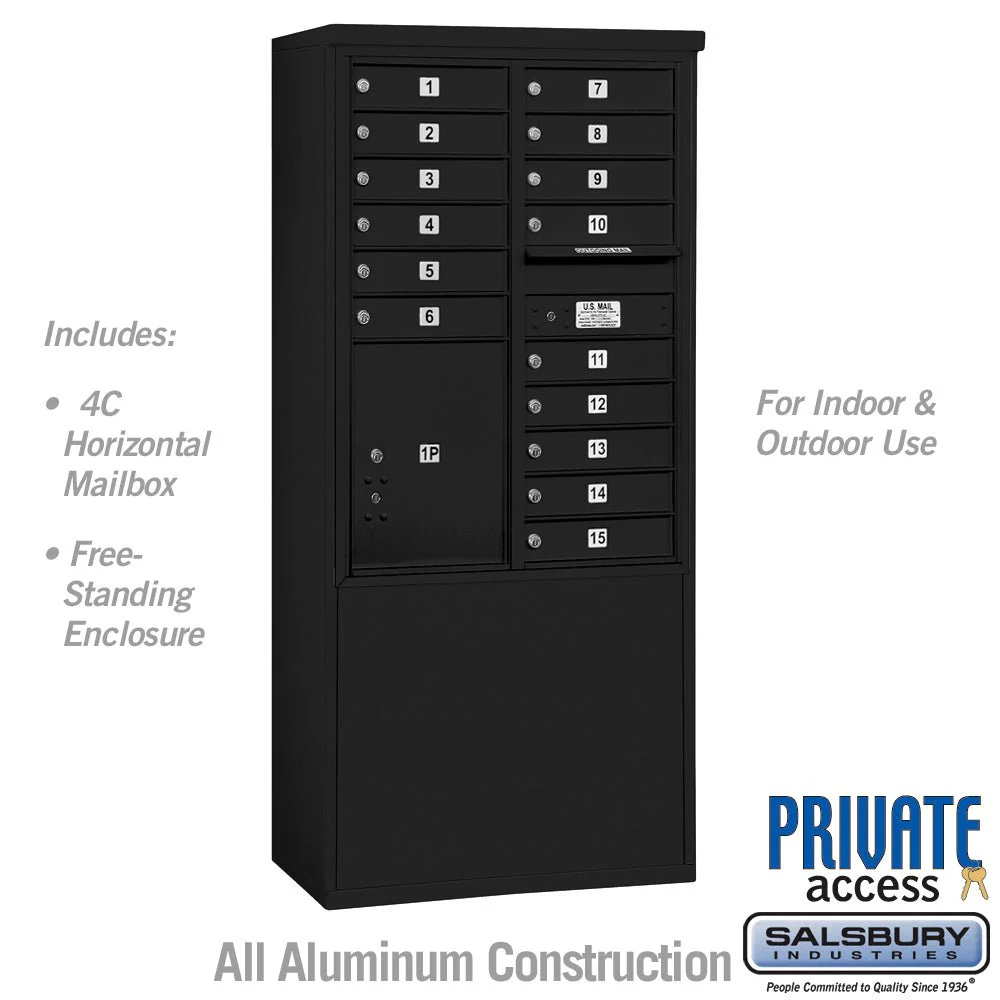11 Door High Free-Standing 4C Horizontal Mailbox with Parcel Locker in Black