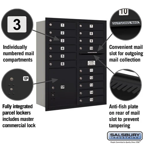 11 Door High Recessed Mounted 4C Horizontal Mailbox with 15 Compartments and Parcel Locker - Black - Rear Loading - Image 2