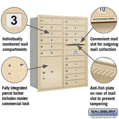 11 Door High Recessed Mounted Mailbox with 15 Compartments and Parcel Locker - Sandstone Finish - Image 2