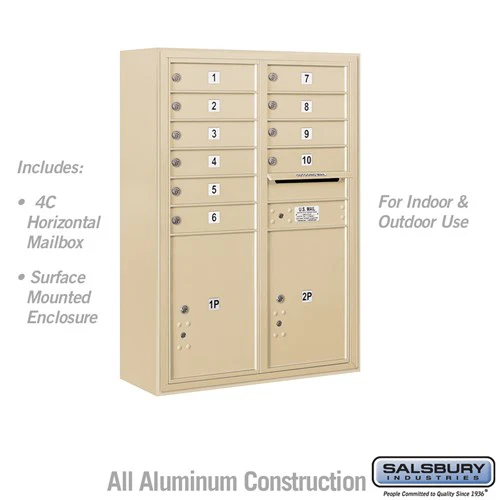 11 Door High Surface Mounted 4C Horizontal Mailbox with 10 Tenant Doors and 2 Parcel Lockers in Sandstone