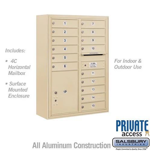 11 Door High Surface Mounted 4C Horizontal Mailbox with 15 Doors and 1 Parcel Locker in Sandstone