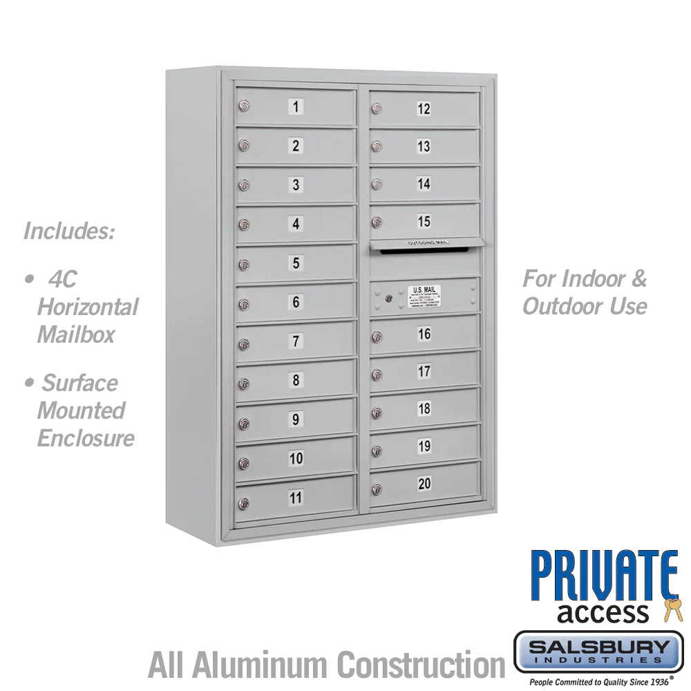 11 Door High Surface Mounted 4C Horizontal Mailbox with 20 Doors in Aluminum for Private Access