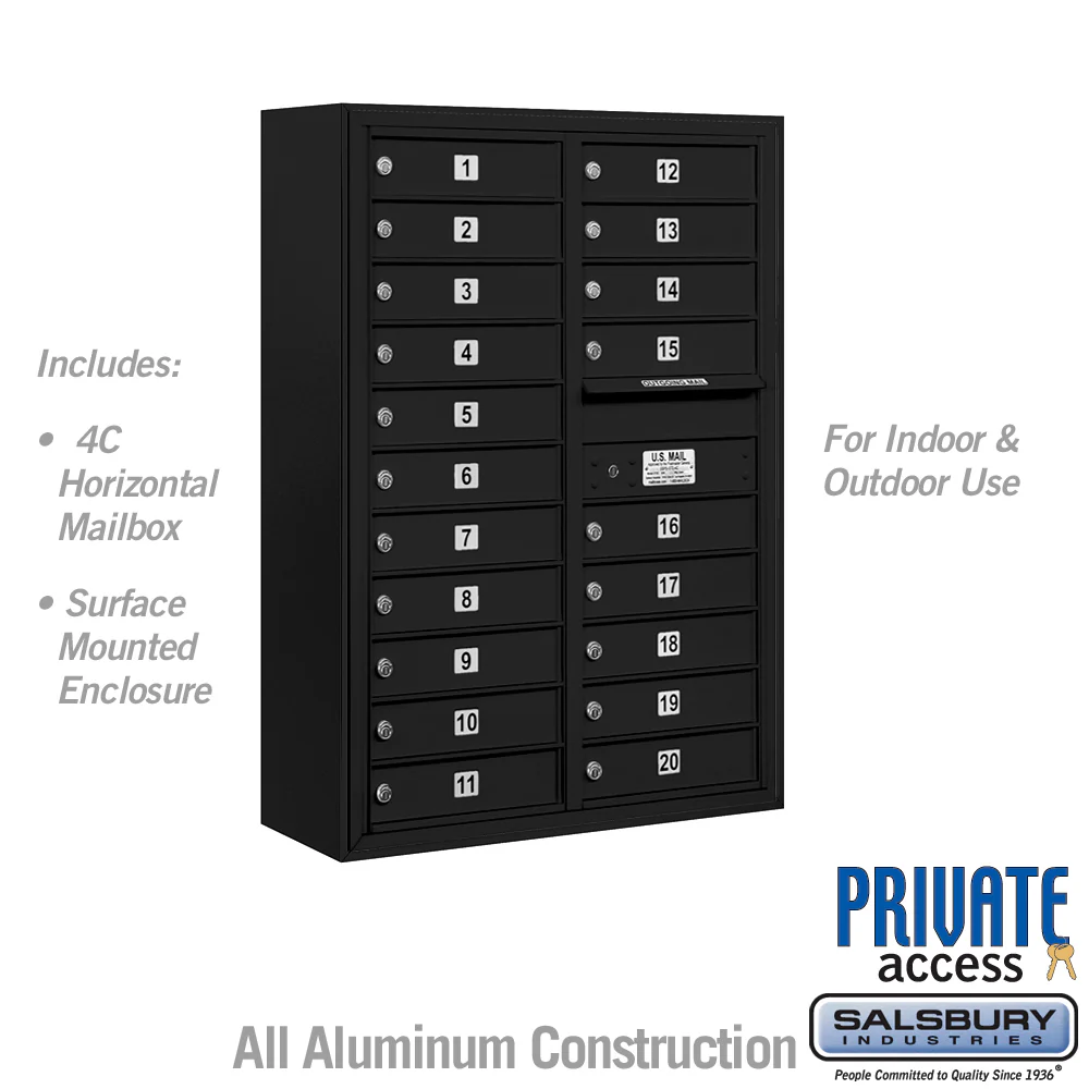 11 Door High Surface Mounted 4C Horizontal Mailbox with 20 Doors in Black with Private Access