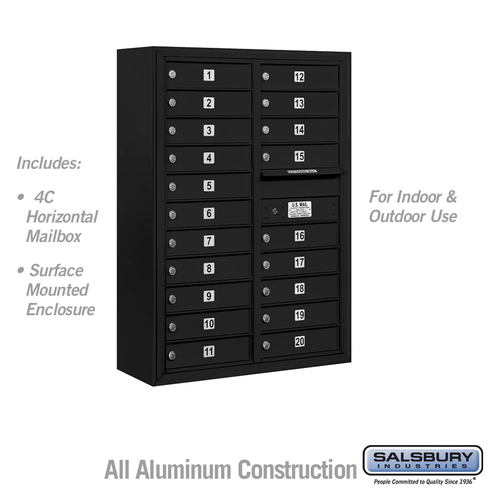 11 Door High Surface Mounted 4C Horizontal Mailbox with 20 Doors in Black with USPS Access