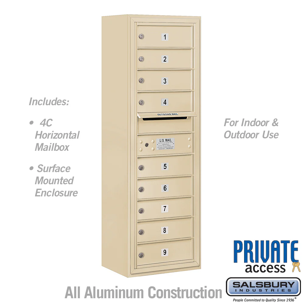 11 Door High Surface Mounted 4C Horizontal Mailbox with 9 Doors in Sandstone for Private Access
