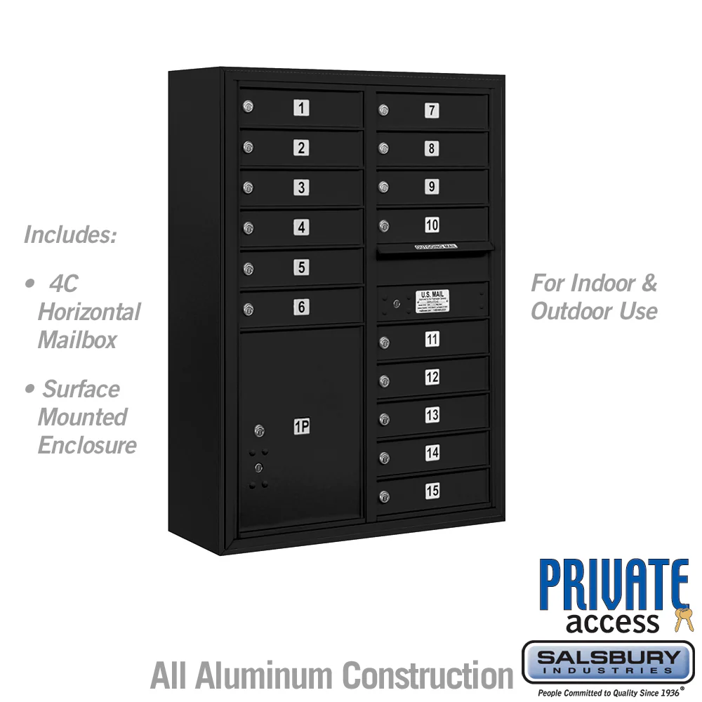 11 Door High Surface Mounted 4C Horizontal Mailbox with Parcel Locker in Black