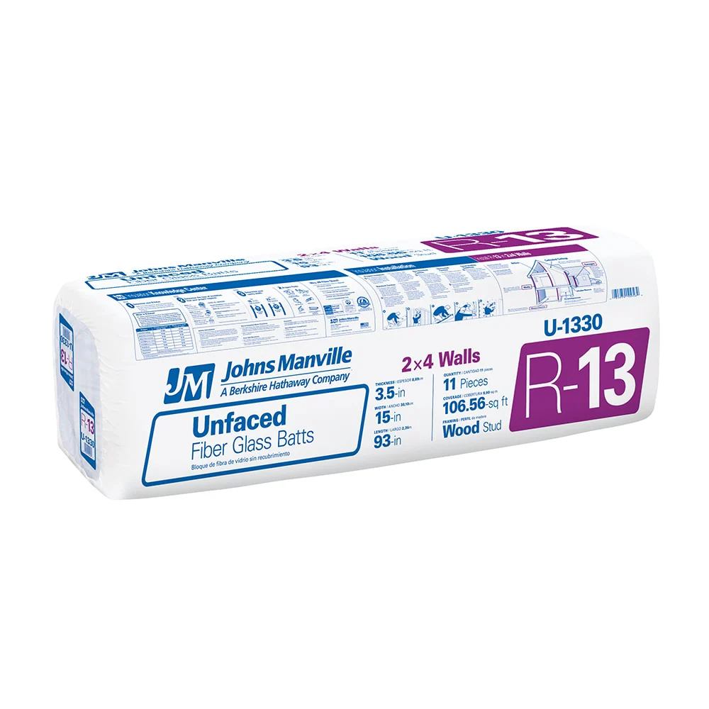 Johns Manville JM R-13 Unfaced Fiberglass Batt Insulation – 15 in x 93 in, 106.56 sq ft (11-Pack)
