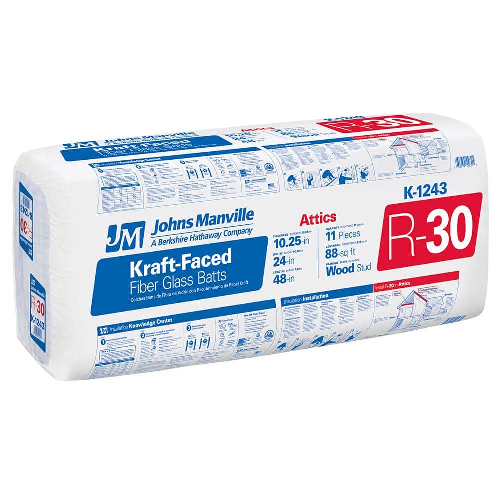 JM R-30 Kraft-Faced Fiberglass Batt Insulation, 24 in. x 48 in., 88 sq-ft