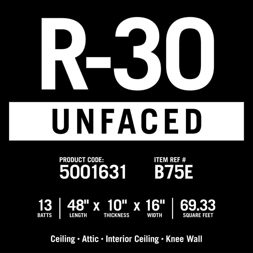 Knauf Insulation R-30 EcoBatt Unfaced Fiberglass Insulation Batt, 10" x 16" x 48" — 69.33 sq ft - Image 6