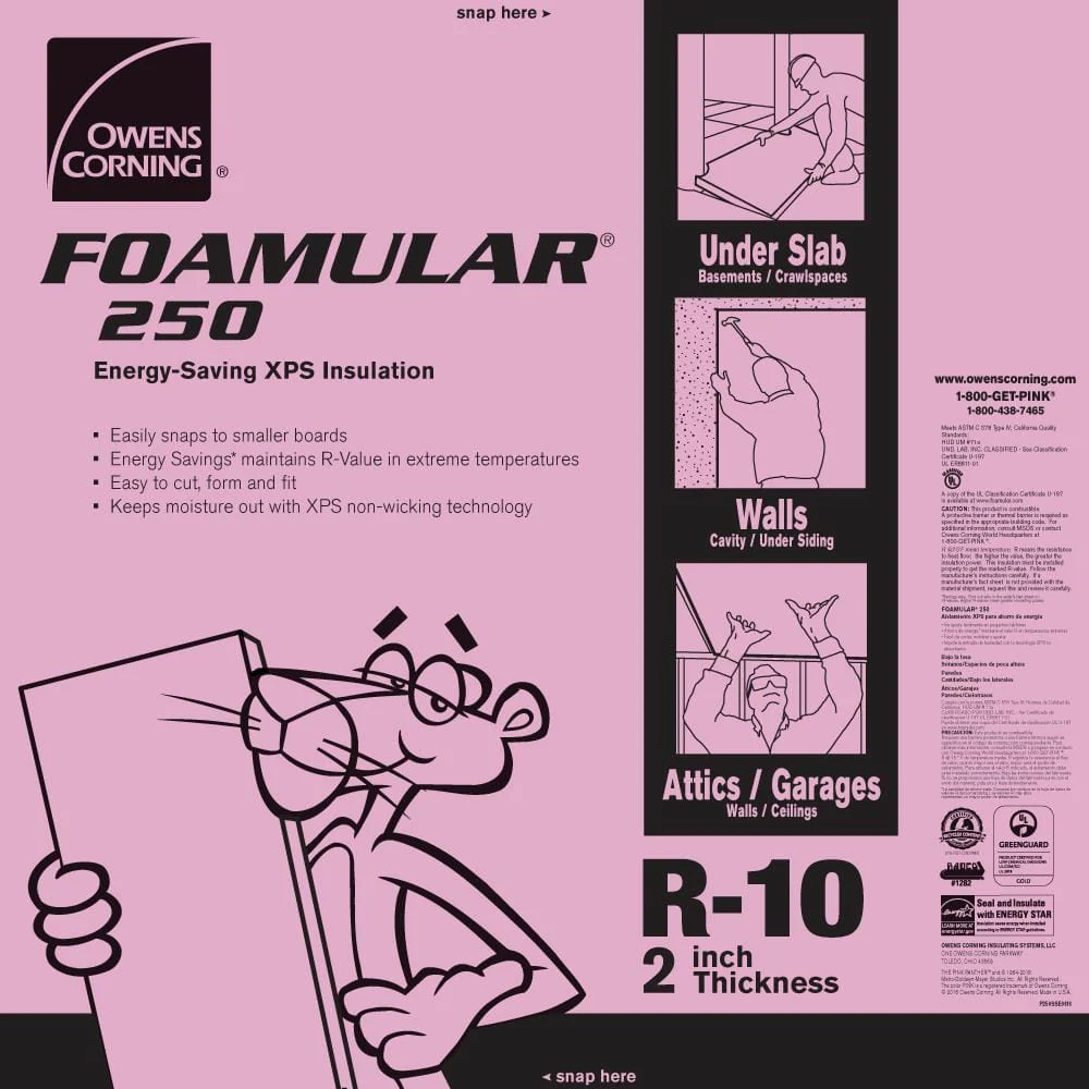 Owens Corning R-10 (25 PSI) FOAMULAR 250 Extruded Polystyrene Foam Board Insulation, 2 in. x 4 ft. x 8 ft., Square Edge