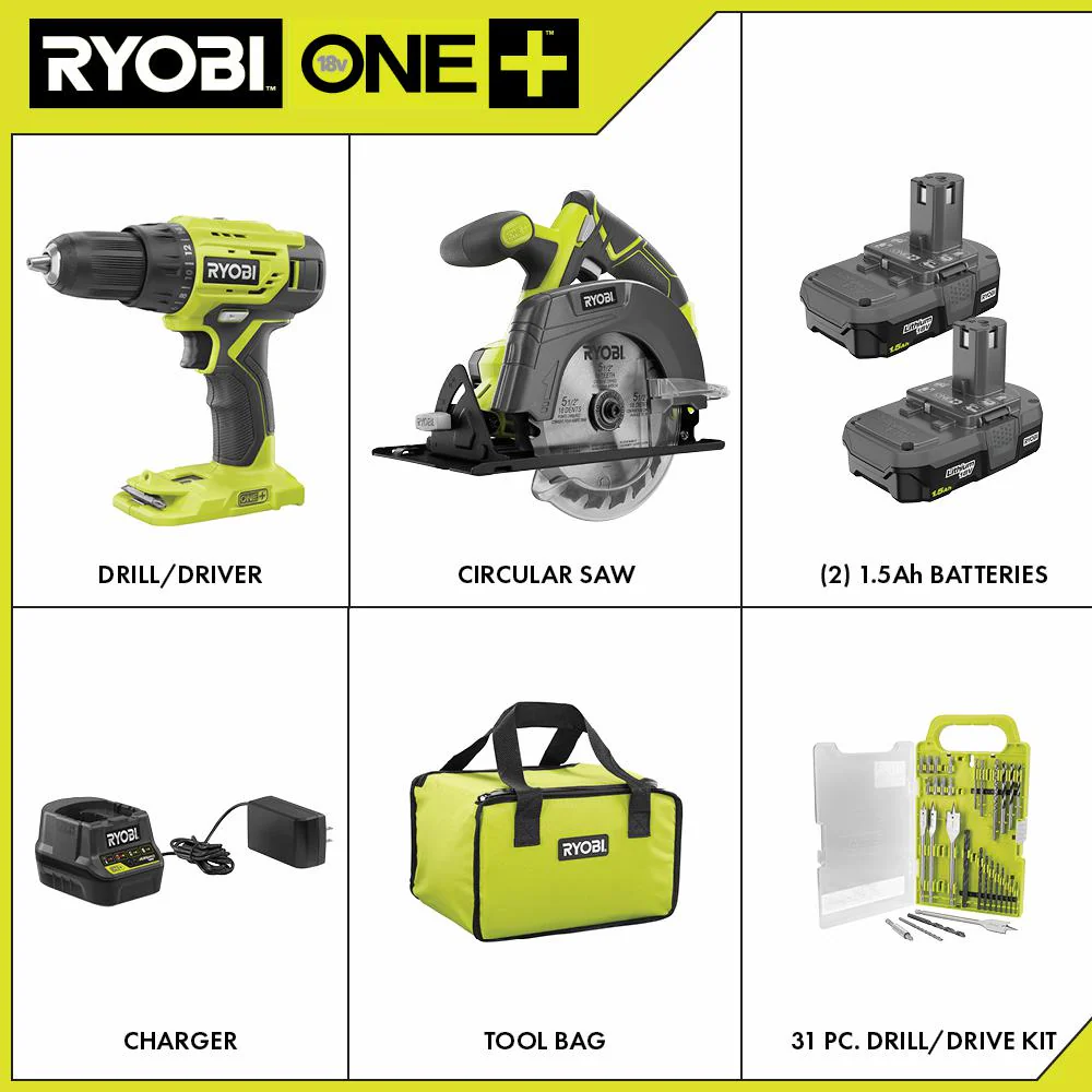 18-Volt ONE+ Cordless 2-Tool Combo Kit w/ Drill/Driver, Circular Saw w/ BONUS Black Oxide Drill & Drive Kit (31-Piece) - Image 2